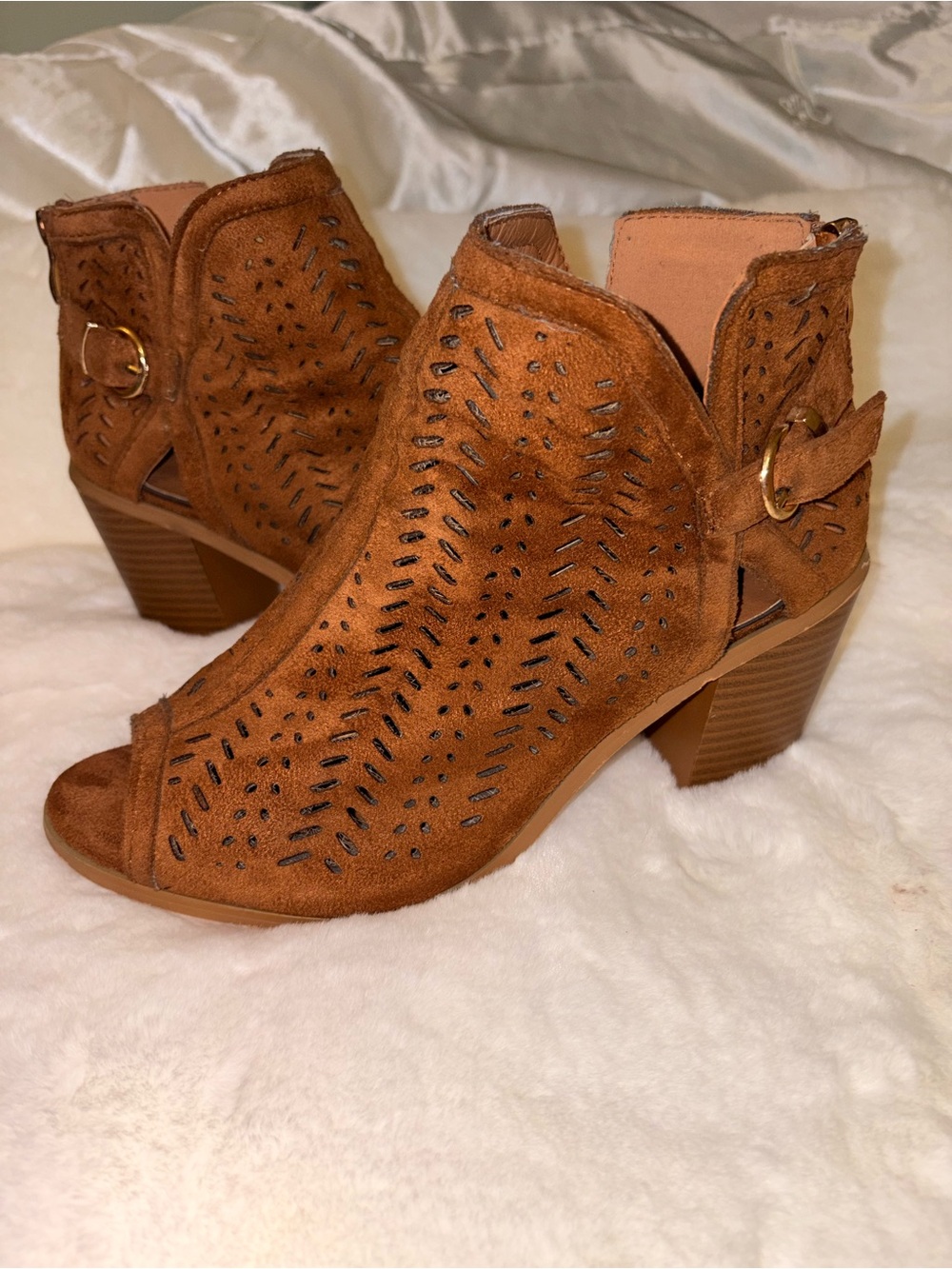 Brown Faux Suede Laser Cut Peep Toe Block Heel Ankle Booties